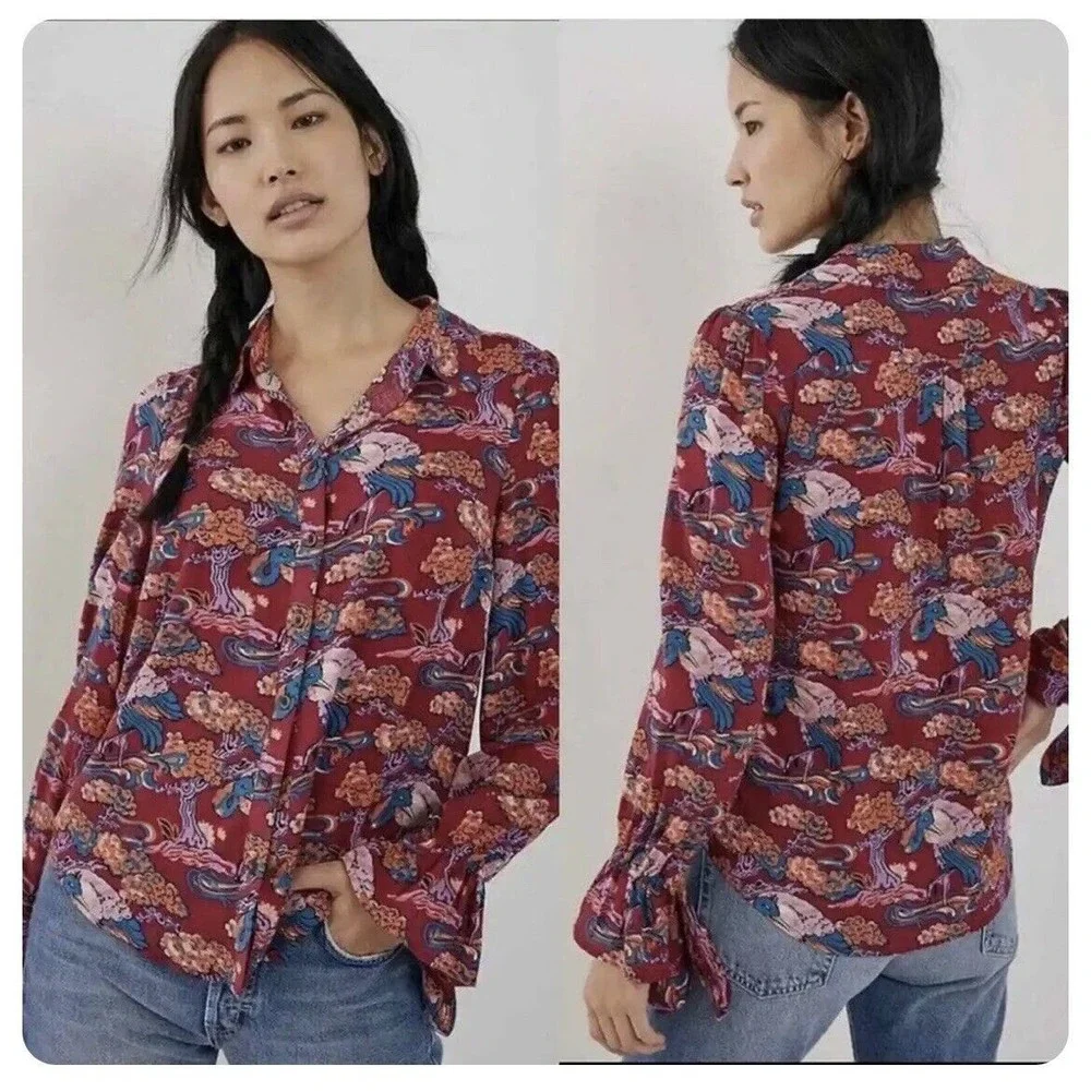 Anthropologie Maeve 8 Darla Floral Crane Bird Blouse Button Front Top - Picture 7 of 7